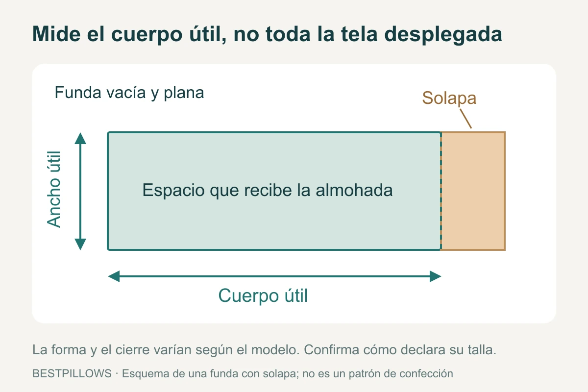 Esquema del cuerpo útil y la solapa de una funda de almohada extendida