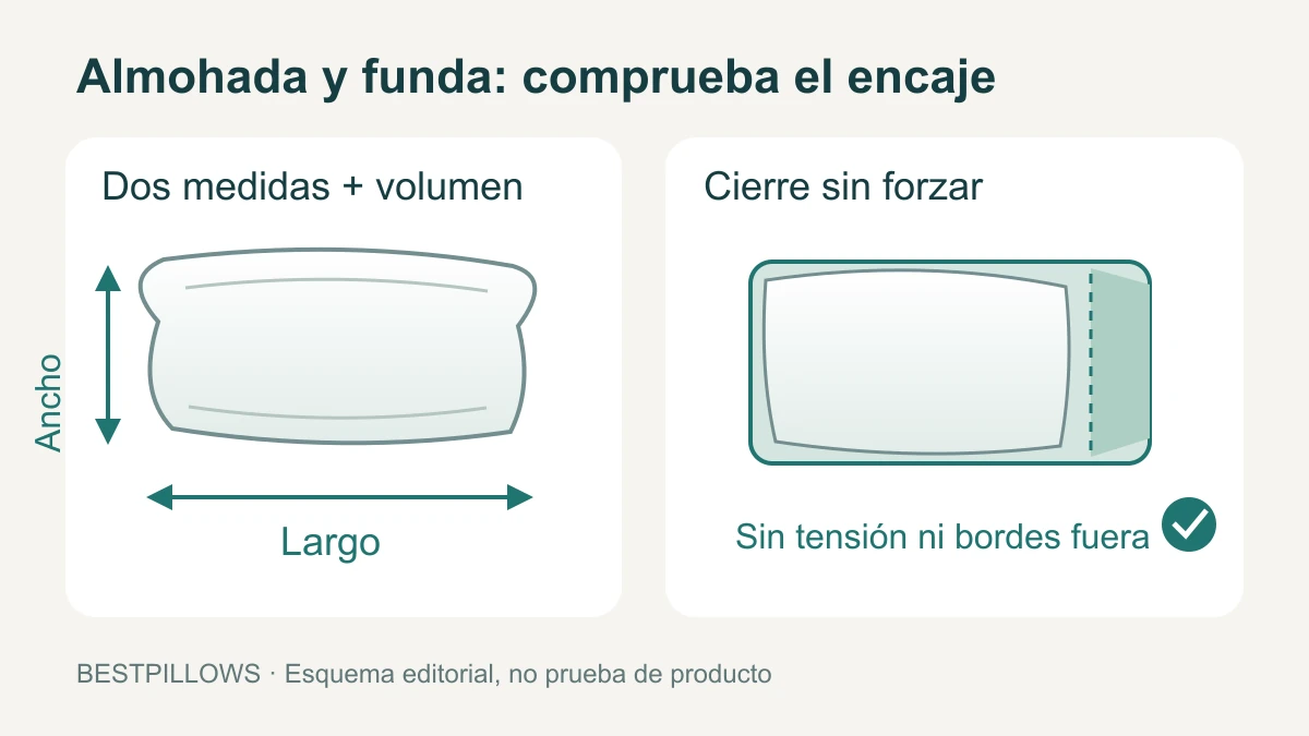 Diagrama de largo y ancho de una almohada y de su encaje en una funda sin tensión