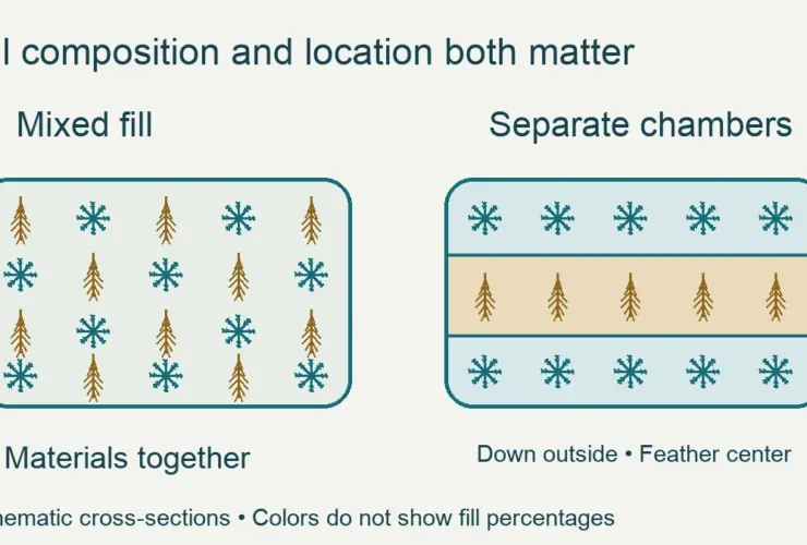 Schematic comparison of mixed down and feather fill with separate outer down chambers and a feather center.