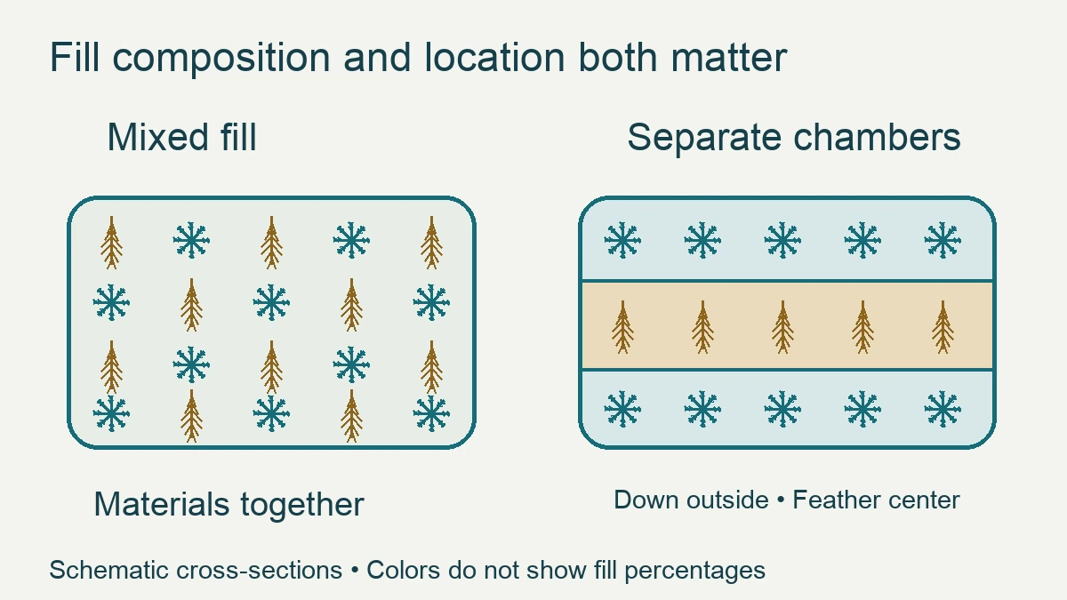 Schematic comparison of mixed down and feather fill with separate outer down chambers and a feather center.