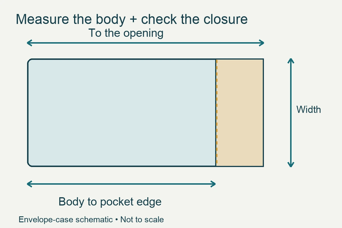 Envelope pillowcase diagram showing length to the opening, body to pocket edge, and width.