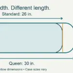Standard and queen pillow outlines share a 20-inch width, with lengths of 26 and 30 inches.